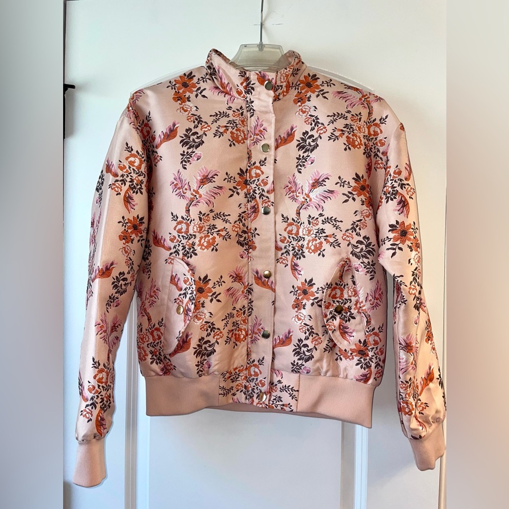 Embroidered light pink bomber jacket with pockets from forever 21
